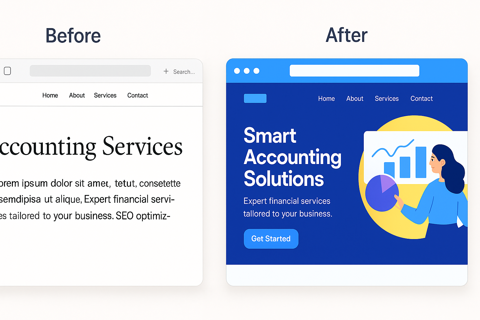 Website redesign before and after comparison showing transformation from basic to modern design