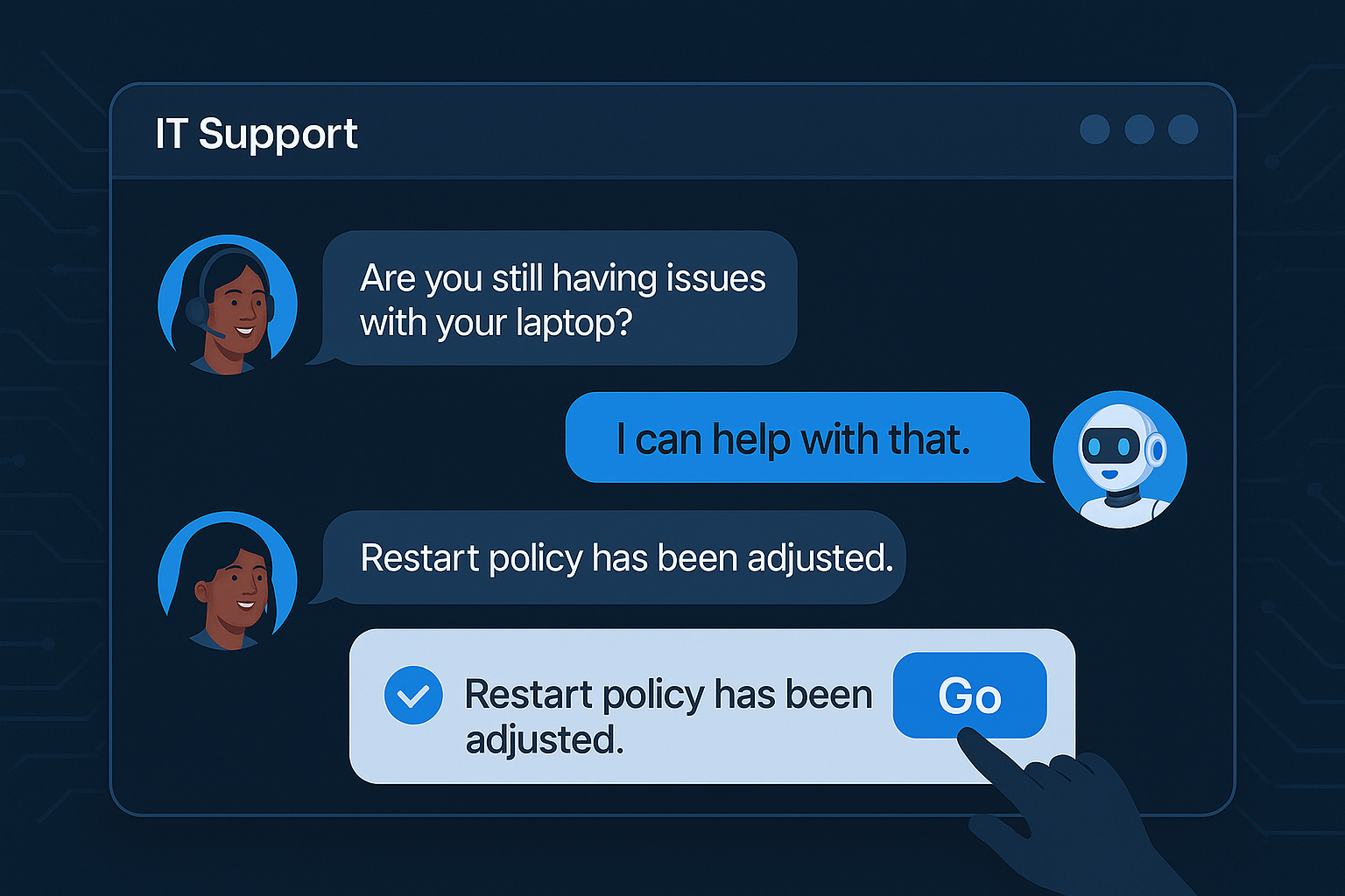 IT Support chat interface showing help desk conversation between agent and AI assistant