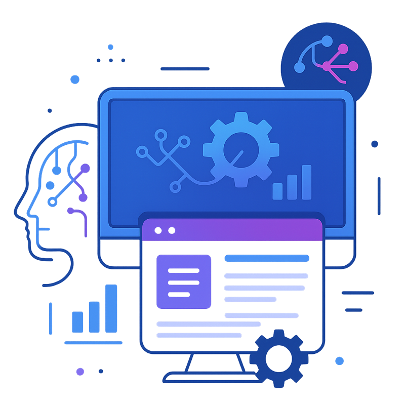 AI-powered digital solutions illustration featuring computer analytics dashboard, artificial intelligence brain network, and modern technology elements representing web design, SEO, and automation services